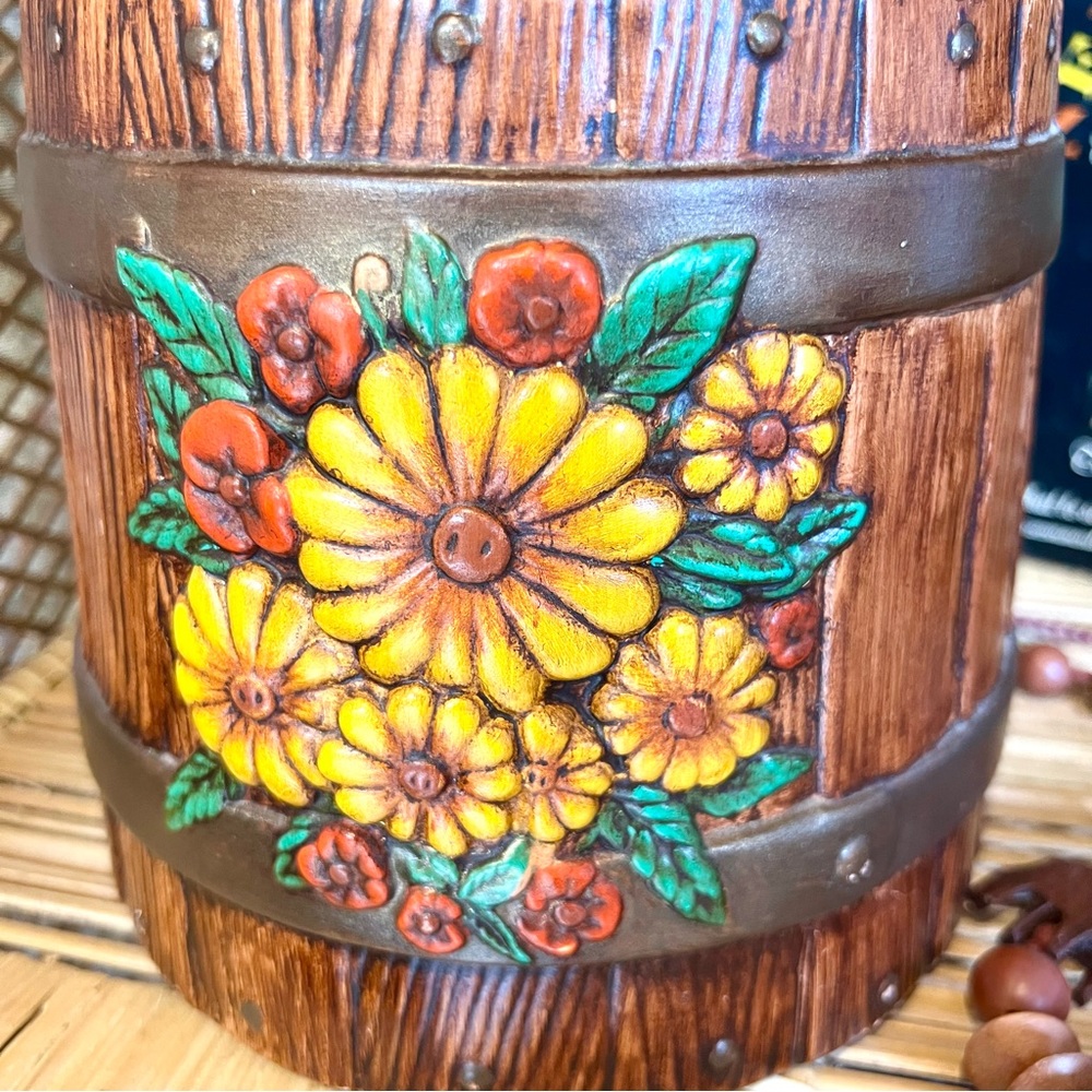 Vintage Antique Milk Jug Barrel Floral HANDMADE COOKIE JAR Sunflower 🌻 Theme - Picture 3 of 7